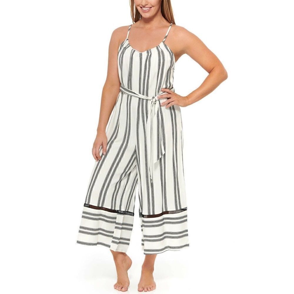 Dotti Black White Newport Stripes Belted Jumpsuit Swim Cover-up Medium NWT